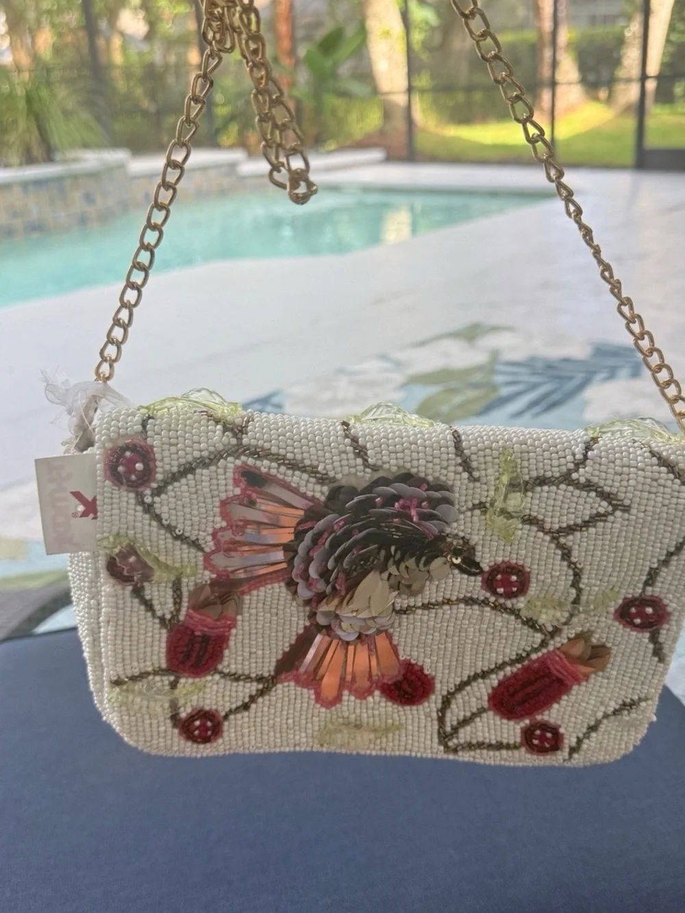 White Beaded Floral Bird Evening Clutch with Gold Chain